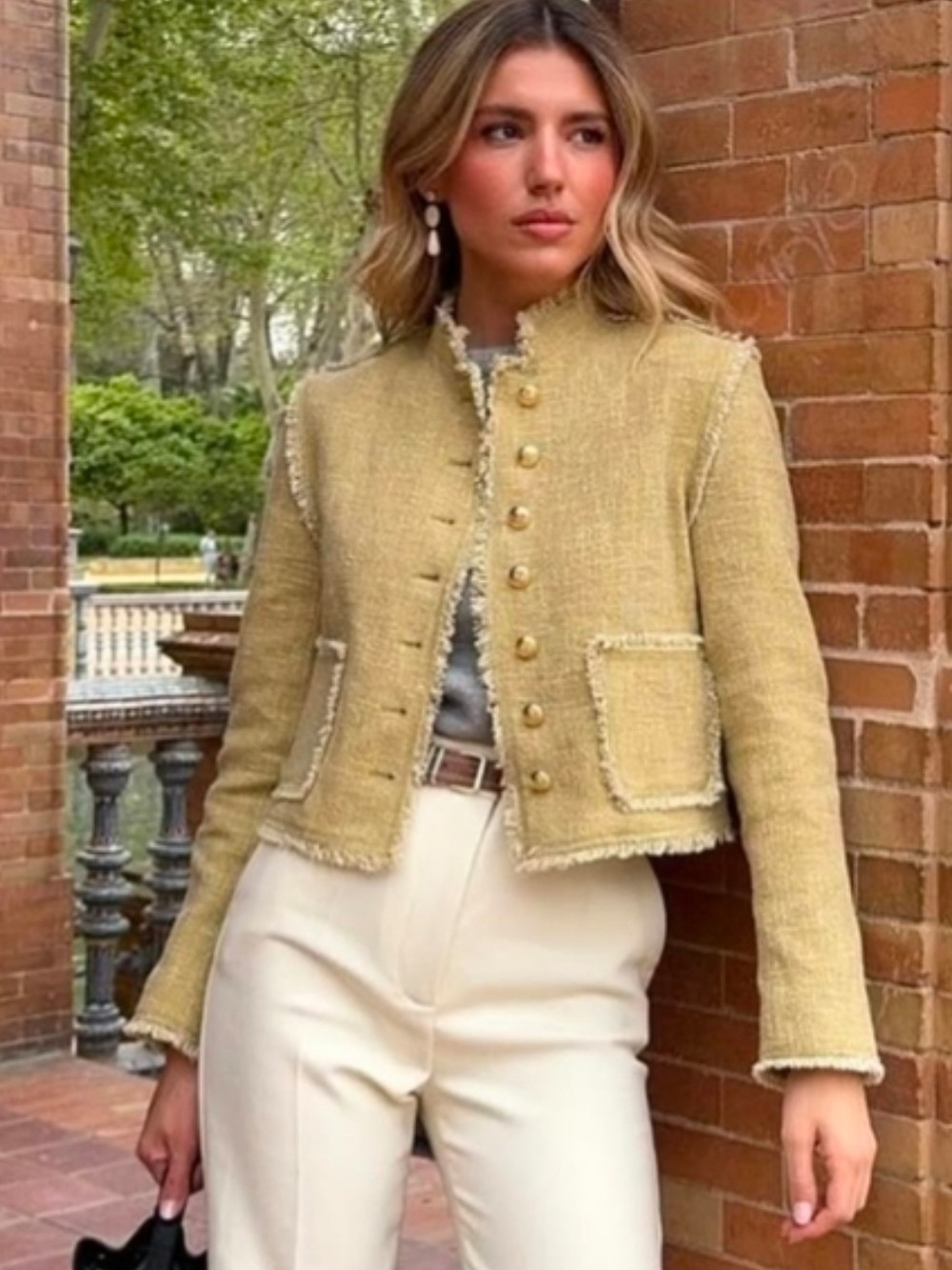 Zara Textured Fringed Jacket With Gold Buttons. Size XL